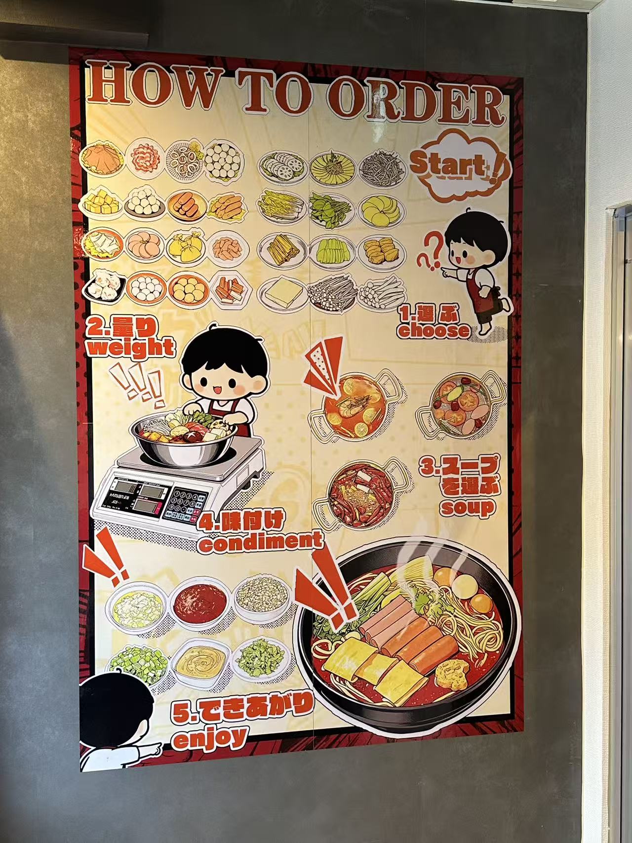 Ours の麻辣湯の注文方法を案内する店内ポスター